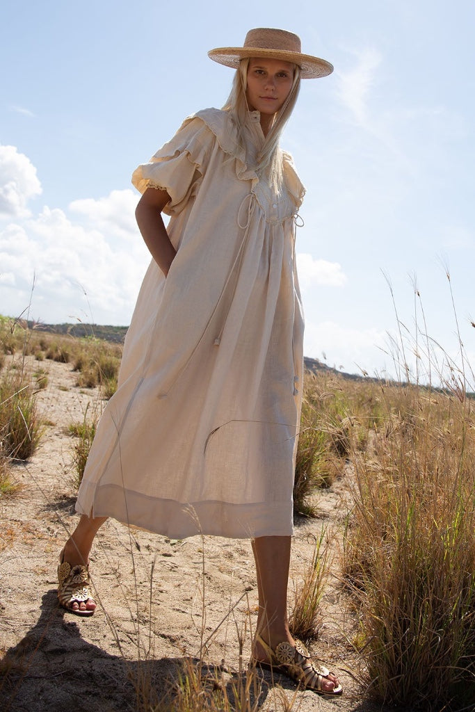 CINNABAR LINEN NUDE MIDI DRESS