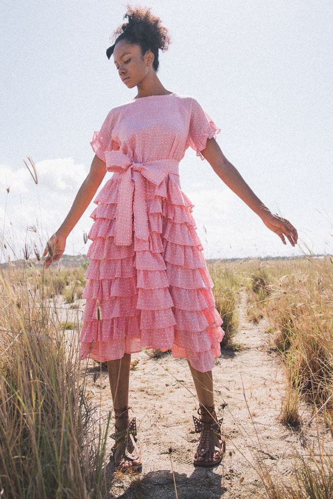 DOMINIQUE RUFFLE RANDOM DOT BABY PINK MIDI DRESS – Silk-kw.com