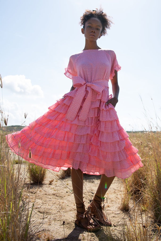 DOMINIQUE RUFFLE RANDOM DOT BABY PINK MIDI DRESS Silk-kw.com DOMINIQUE RUFFLE RANDOM DOT BABY PINK MIDI DRESS Silk-kw.com