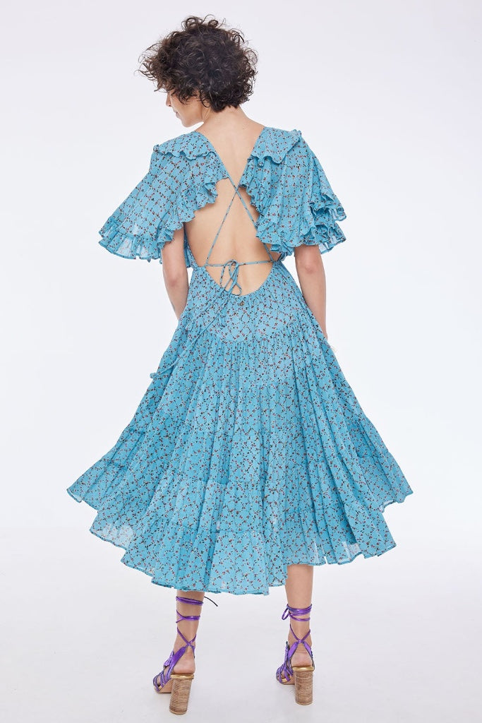 ZENEVIEVE RUFFLE FLOWER SQUARE CADET BLUE MIDI DRESS –