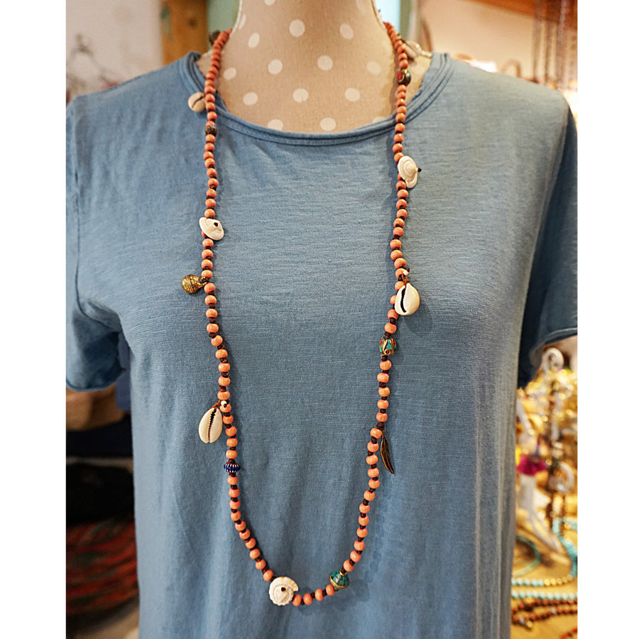 CORAL WOODEN BEADS NECKLACE