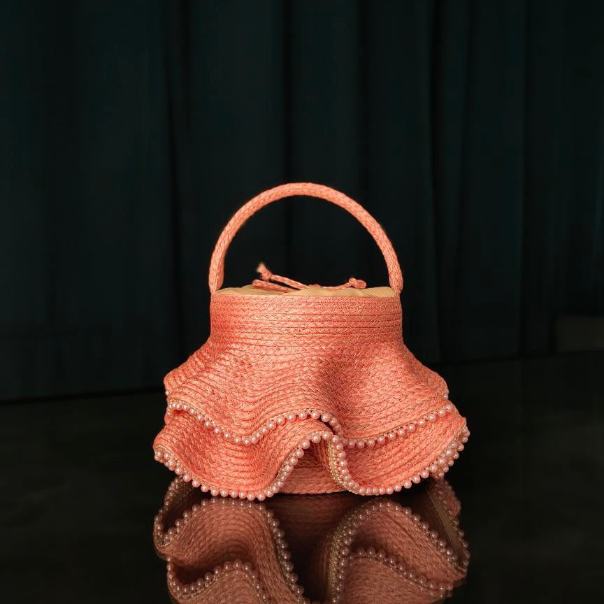 DUSTY PINK BUCKET BAG WITH PEARLS