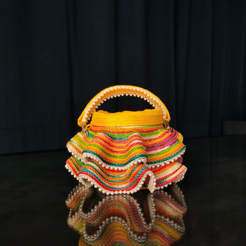 YELLOW MARBLE BUCKET BAG WITH PEARLS
