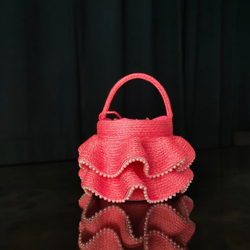 PINK BUCKET BAG WITH PEARLS
