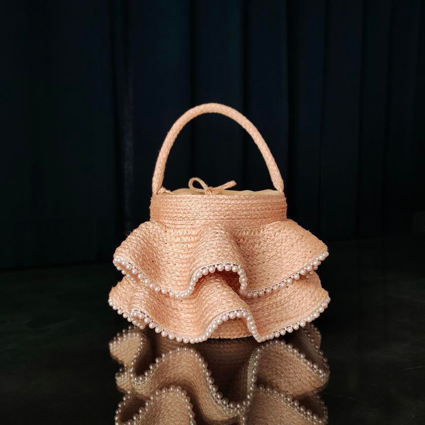 NUDE BUCKET BAG WITH PEARLS
