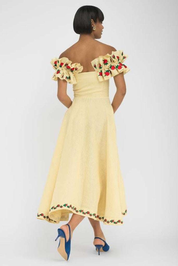 ALANYA  Linen Off On Shoulder Embroidered Midi Dress (available in light yellow and white)