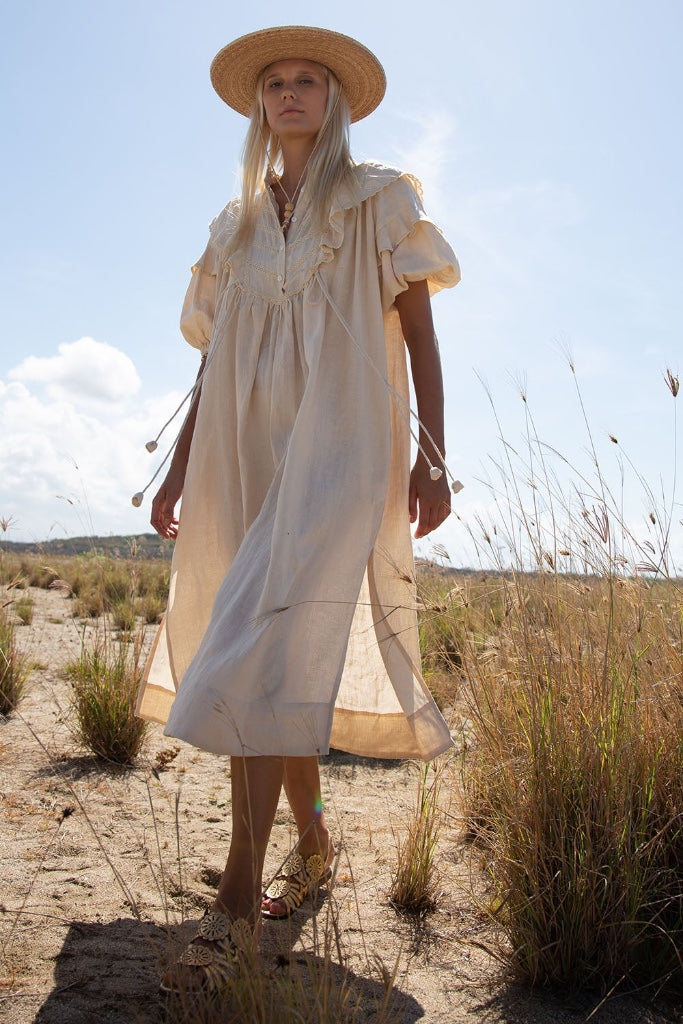 CINNABAR LINEN NUDE MIDI DRESS