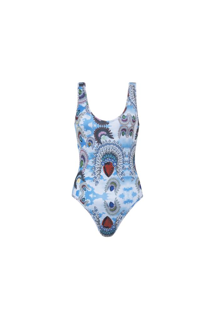 BLUE FEATHER & GEMS FULL COVERAGE SWIMSUIT