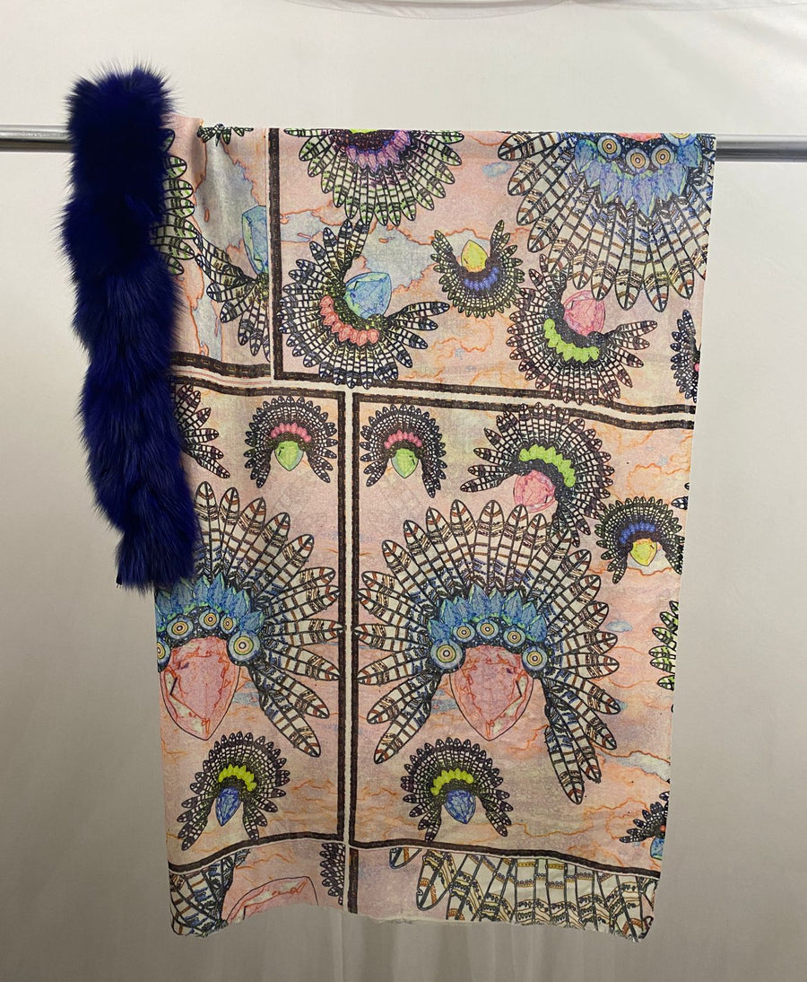 PINK FEATHERS & GEMS WOOL SCARF WITH REAL NAVY FOX FUR